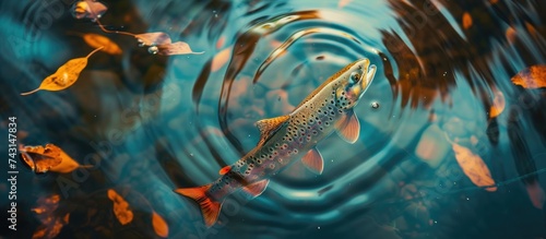 A trout fish gracefully swims in a pond with leaves floating around it, creating a serene and natural scene in the water.