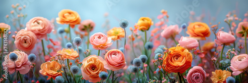 Banner with multi-colored flower buds on a blue background. Variegated spring flowers in full bloom. Bright ranunculus flowers. Buttercups.