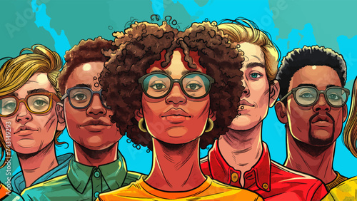 Diversity of people. DEIB diversity equity inclusion belonging conceptual. Generative ai fictional character vector illustration. Pop art comic book style imitation. 