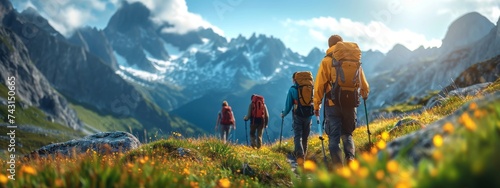 Mountain travel hike people adventure man summer journey tourism group sunset trekking. Hike travel woman mountain walk active backpack nature together sport young trail outdoor tourist hiker person