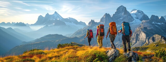 Mountain travel hike people adventure man summer journey tourism group sunset trekking. Hike travel woman mountain walk active backpack nature together sport young trail outdoor tourist hiker person