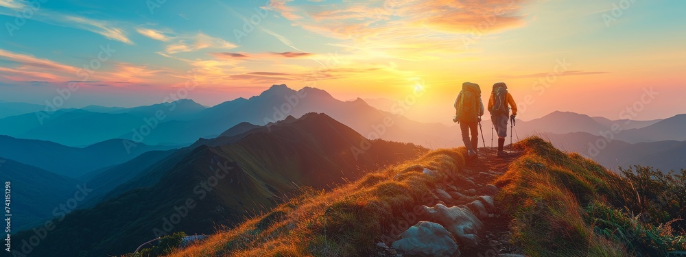 Mountain travel hike people adventure man summer journey tourism group sunset trekking. Hike travel woman mountain walk active backpack nature together sport young trail outdoor tourist hiker person - obrazy, fototapety, plakaty 