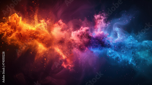 Abstract background reminiscent of a cosmic nebula with bright color shades. Explosion of colors on a black background