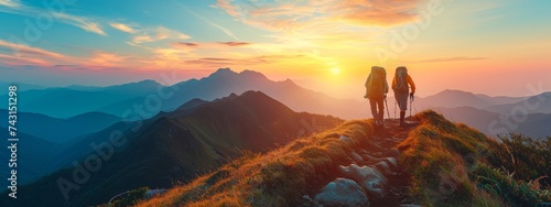 Mountain travel hike people adventure man summer journey tourism group sunset trekking. Hike travel woman mountain walk active backpack nature together sport young trail outdoor tourist hiker person photo