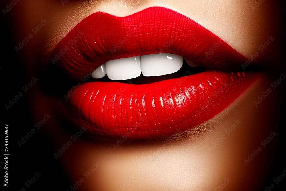 Glossy red lips in a sensual close-up shot. Radiant beauty of shiny red lips and a cheerful expression. Macro shot of fresh red lipstick application revealing a bright, happy smile. Glossy red lips in a sensual close-up shot. Radiant beauty of shiny red lips and a cheerful expression. Macro shot of fresh red lipstick application revealing a bright, happy smile.