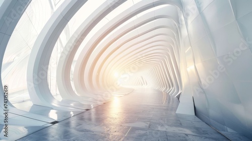 Sleek curvilinear corridor in a modern structure with a bright exit. lluminated walkway inside a contemporary architectural marvel. Sunlit tunnel with abstract geometric patterns in a modern building.