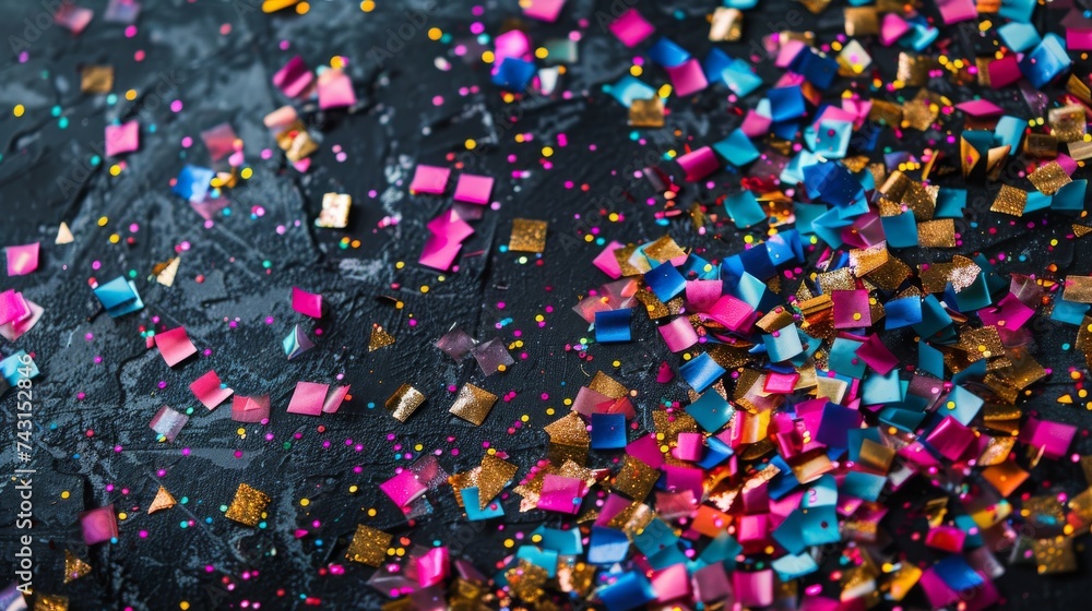 Colorful party confetti and sparkles scattered on a dark surface. Vibrant party confetti on dark background. Celebration glitter and colorful decorations for festive events.