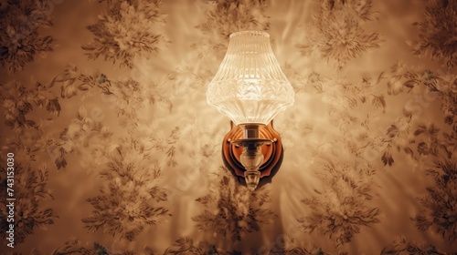 Close-up of crystal wall lamp of classic style with the flushed lights on a wall with wallpaper.


 photo