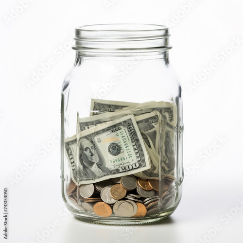  jar of money with currency of coins, dollars and cents isolated on a white background