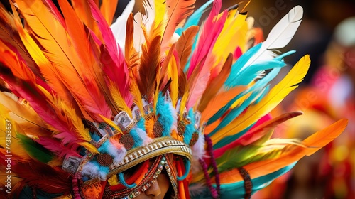 Colorful headdress of an indian Kaiapo tribe made of feathers of amazonian birds pictured during Belem+30 event in Belem. The Kayapo tribe lives alongside the Xingu River at southern Para State in the photo