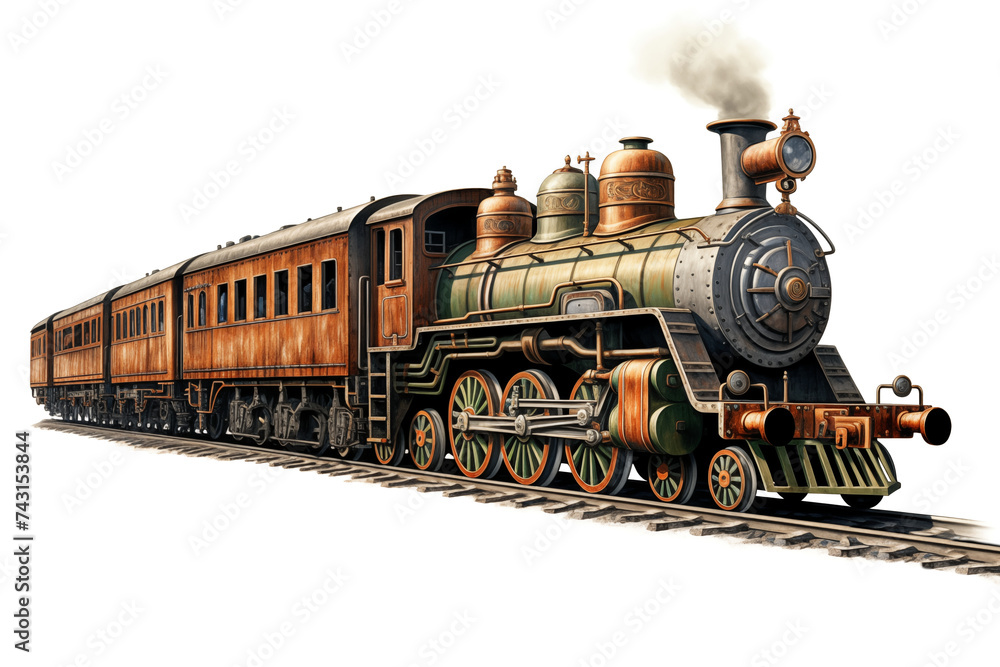 Vintage train with steam engine isolated on white, illustration generated by AI
