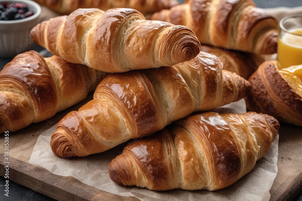 Baked traditional french croissants on table