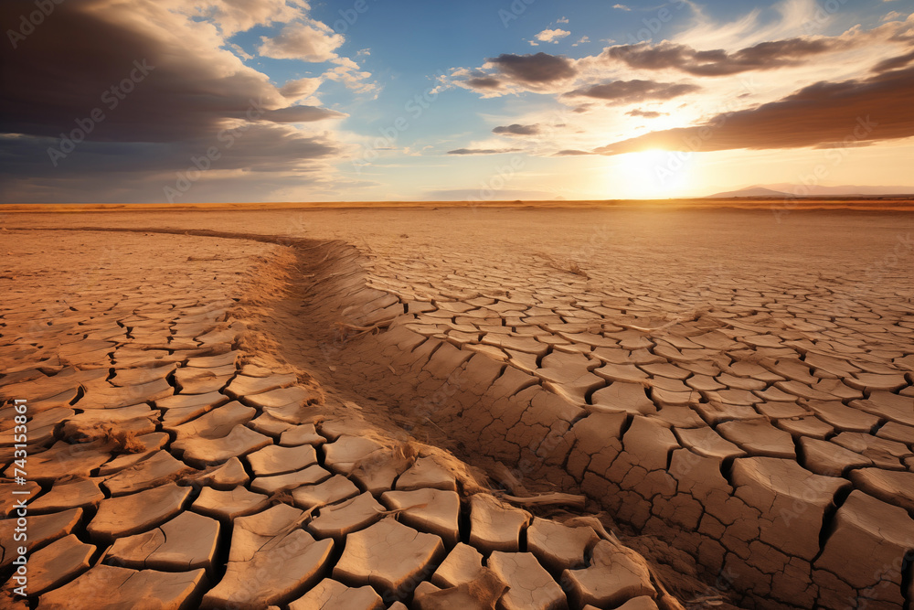 Dry cracked earth at sunset. Global warming, climate change concept