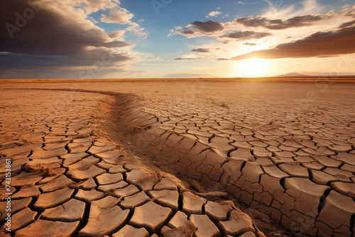 Dry cracked earth at sunset. Global warming, climate change concept