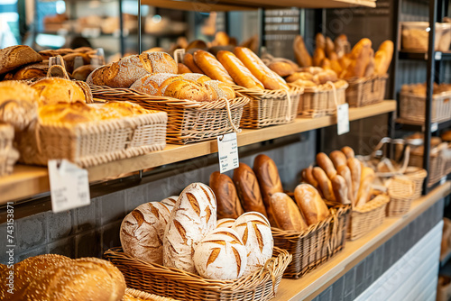 A wide shot of a bakery display case filled with fresh bread. The bread is arranged in baskets and on shelves