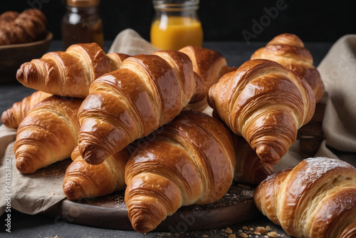 Baked traditional french croissants on table