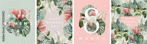 March 8. Women's Day. Vector illustration of flowers, number 8, plants, floral frame and pattern for greeting card, poster or background
