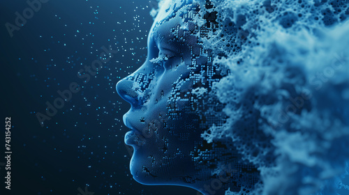 technology and beauty with a digital representation of a woman's head, where AI and digital data blend seamlessly in a captivating blue hue