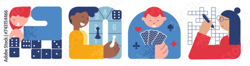 People Playing Board Games. Cards and dominoes game. Crossword puzzle game. Snake road with adventure game. Set simple geometric sketch vector illustration