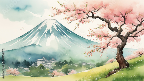 Fuji mountain with blooming cherry trees ins pring watercolor painted style photo
