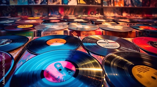 Vintage vinyl records on display at a flea market in Prague photo