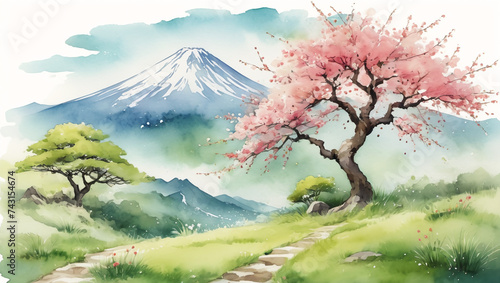 Fuji mountain with blooming cherry trees ins pring watercolor painted style photo