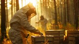 beekeeper caring for bees in an open place, beekeeping concept generative ai