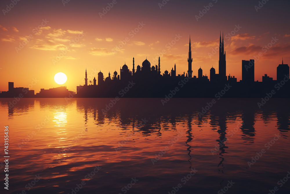 Naklejka premium Silhouette of arabic city at sunset