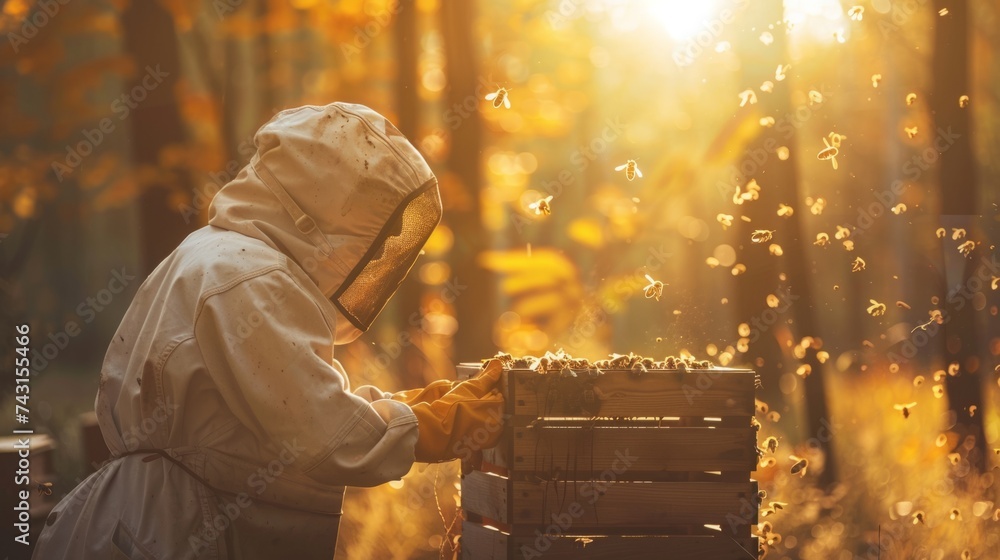 Caring Bees beekeeper caring for bees in an open place, beekeeping concept ...
