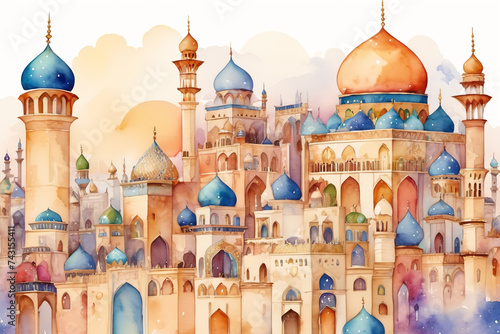 Arabic city from Tales from the Thousand and One Nights in watercolor painted style