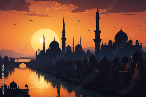 Silhouette of arabic city at sunset