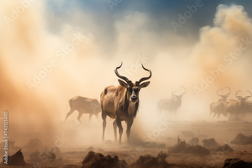 A herd of antelopes in the savanna of Africa. Rising temperatures impact on wildlife photo