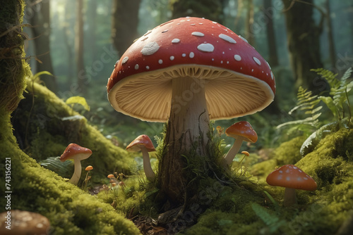 Poisonous fly agaric toadstool in moss