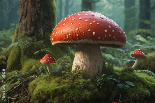 Poisonous fly agaric toadstool in moss