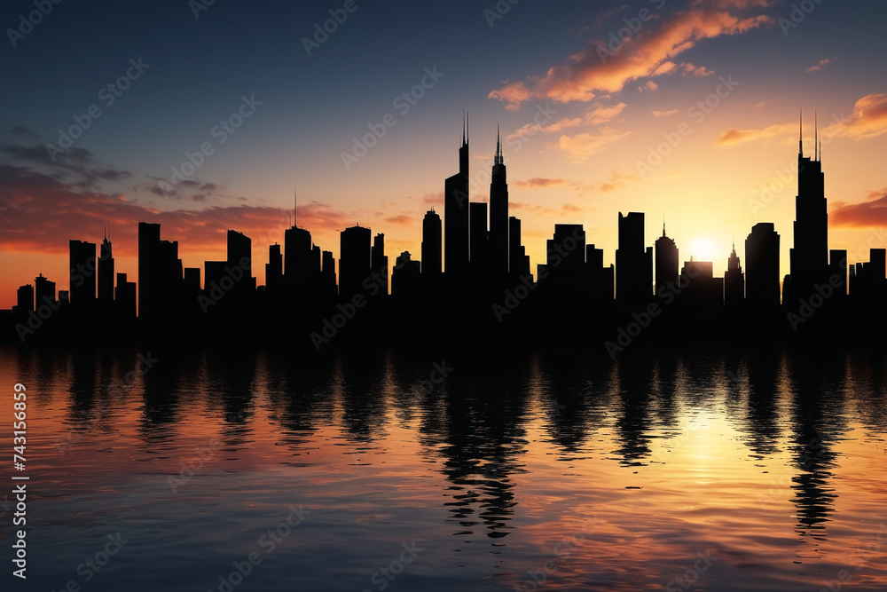 Silhouette of modern city at sunset