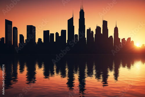 Silhouette of modern city at sunset