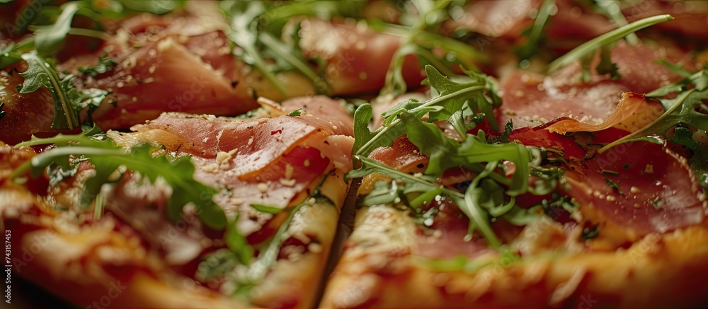 This close-up shot showcases a delicious pizza covered with fresh arugula leaves and slices of flavorful dry-cured ham, creating a mouth-watering visual feast for pizza lovers. This close-up shot showcases a delicious pizza covered with fresh arugula leaves and slices of flavorful dry-cured ham, creating a mouth-watering visual feast for pizza lovers.