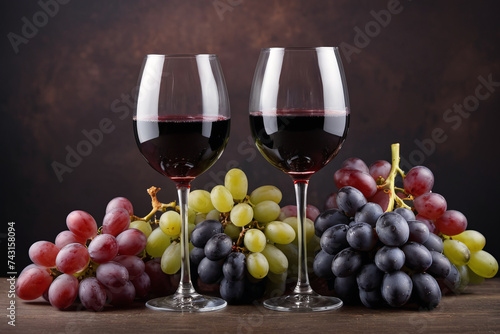 Wine grape and wine bottle still life composition