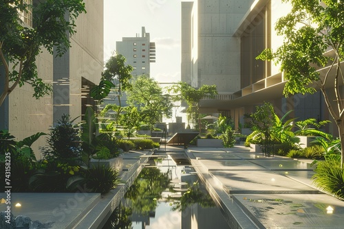 city center of city with buildings and plants, futuristic city, Cityscape, modern city,