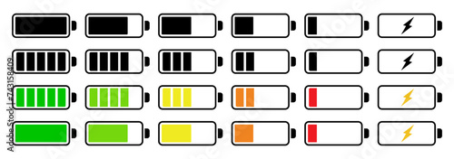 Battery icon set .Battery charging point. Charging indicators icon collection .Charge indicator.Vector photo