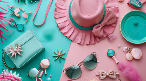 Flat lay with woman fashion accessories in pink and teal colors. Fashion blog, summer style, shopping and trends idea