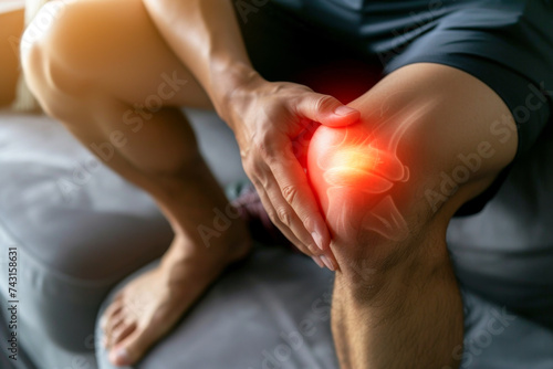 Man suffering from knee pain in medical office. Pain in the knee.
 photo