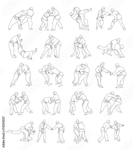 Sketch outline of judokas in duel wrestling, isolated vector