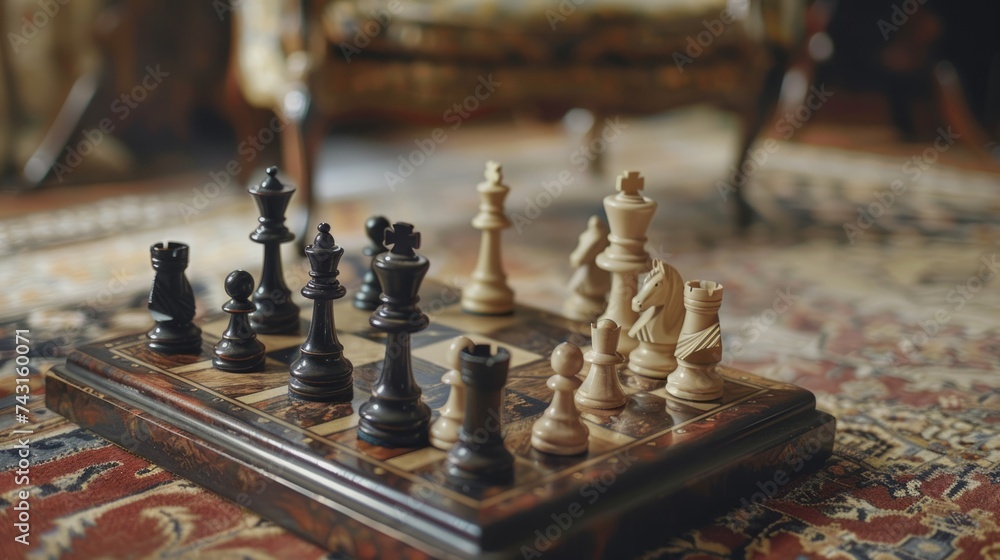 Chess board on a rug, with pieces scattered all over the board. generative ai Chess board on a rug, with pieces scattered all over the board. generative ai