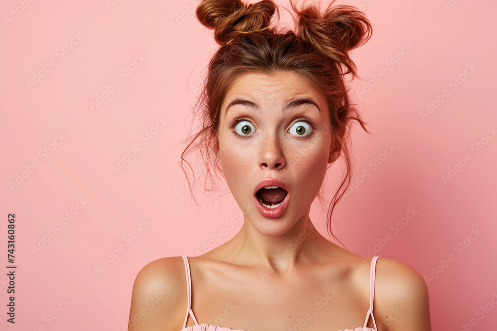A surprised woman with bulging eyes on a pink background. A surprised woman with bulging eyes on a pink background.