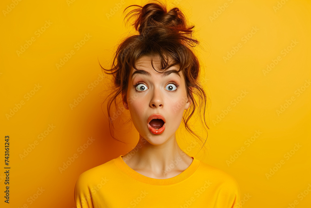 A surprised woman with bulging eyes and an open mouth on a yellow background A surprised woman with bulging eyes and an open mouth on a yellow background