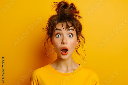 A surprised woman with bulging eyes and an open mouth on a yellow background
