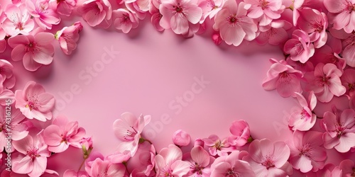 Pink  flowers on pink background. Floral border. Flat lay.