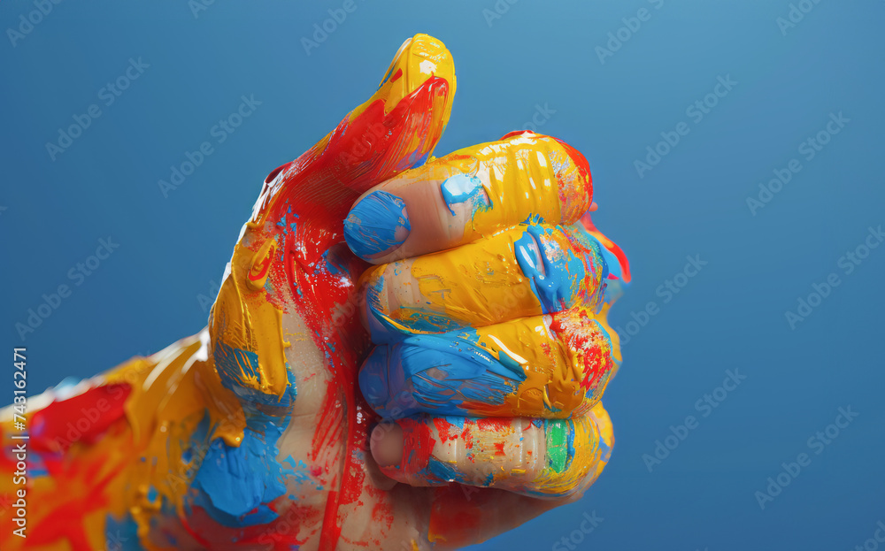 Obraz premium Childs hand giving a thumbs up, smeared with vibrant paint