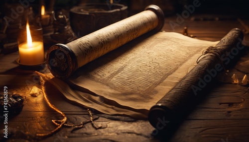 manuscript, old, paper, book, antique, text, ancient, page, candle, parchment, letter, vintage, background, retro, horizontal, image, candlelight, medieval, history, document, picture © Yaraslava